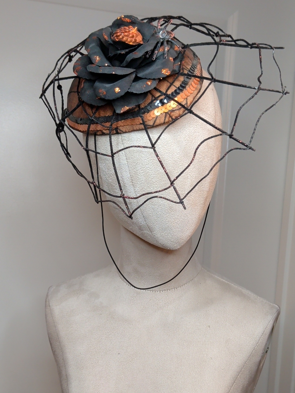 Vintage Department 56 Halloween Fascinator Hat Spider Web Black Flower